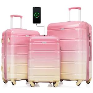 Merax 3 Piece Hardshell Luggage Set, Pink/Yellow