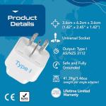 Grounded Universal Travel Plug Adapter for Australia, China, New Zealand