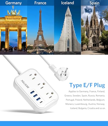 Europe Travel Plug Adapter - US to Europe with 3 AC Outlet & 4 USB