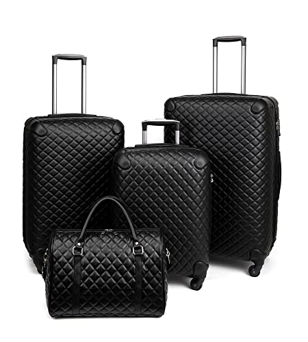 Plaid Leather Luggage Set with Spinner Wheels - 4-Piece
