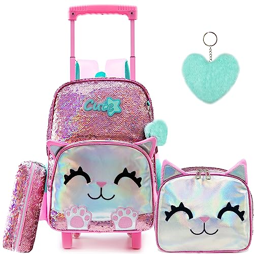 Cute Cat Rolling Backpack for Aviation Girls, Pink