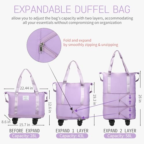Purple Expandable Rolling Duffle Bag with Wheels