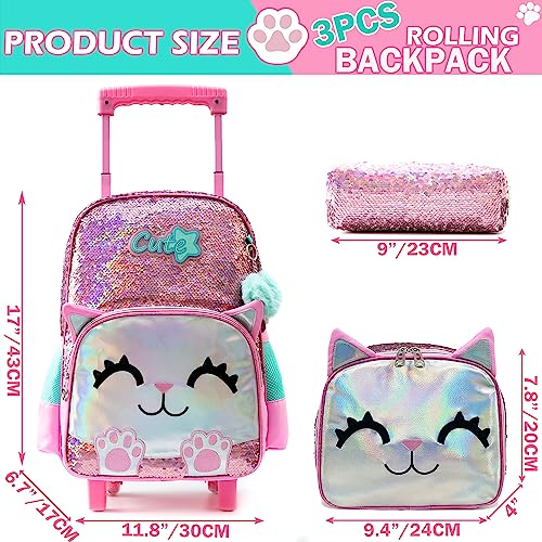 Cute Cat Rolling Backpack for Aviation Girls, Pink