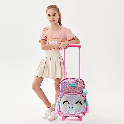 Cute Cat Rolling Backpack for Aviation Girls, Pink