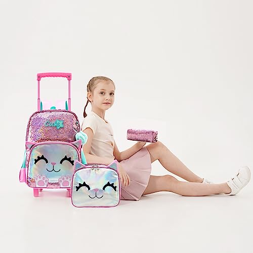 Cute Cat Rolling Backpack for Aviation Girls, Pink