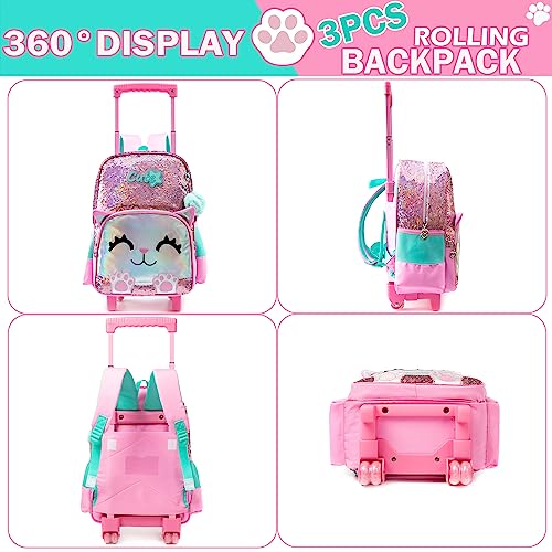 Cute Cat Rolling Backpack for Aviation Girls, Pink