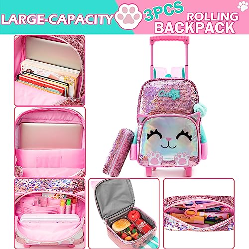 Cute Cat Rolling Backpack for Aviation Girls, Pink