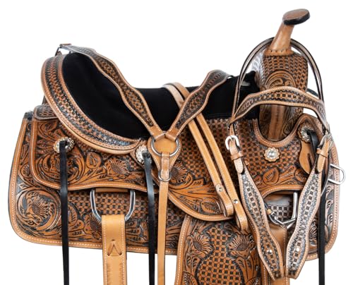 Acerugs Western Leather Horse Saddle with Hand-Tooled Tack