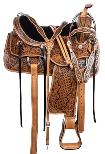 Acerugs Western Leather Horse Saddle with Hand-Tooled Tack