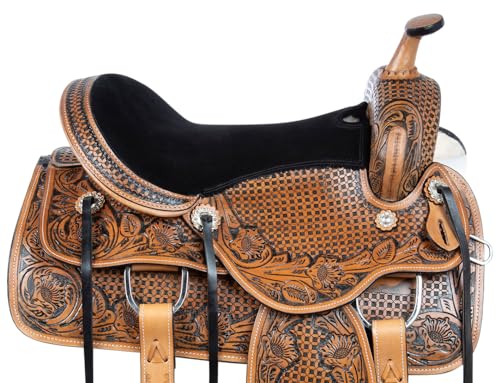 Acerugs Western Leather Horse Saddle with Hand-Tooled Tack