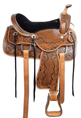 Acerugs Western Leather Horse Saddle with Hand-Tooled Tack