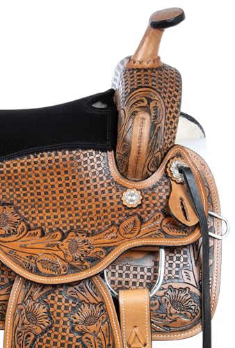 Acerugs Western Leather Horse Saddle with Hand-Tooled Tack