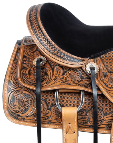 Acerugs Western Leather Horse Saddle with Hand-Tooled Tack
