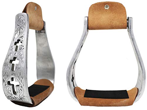 Aluminum Stirrups with Cross Engraved Leather Tread