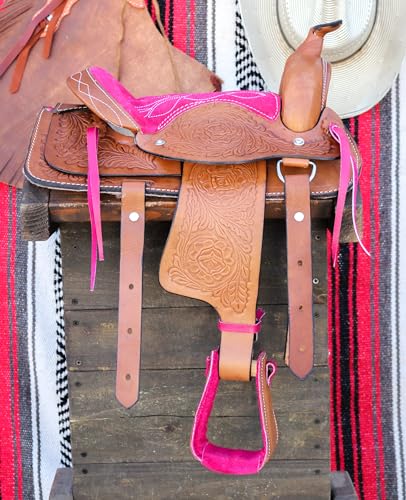 Pink Leather Western Saddle for Kids Ponies, 10