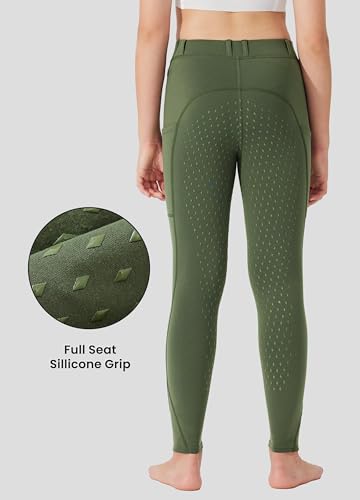 Girls Fleece Horse Riding Breeches Thermal Tights Army Green