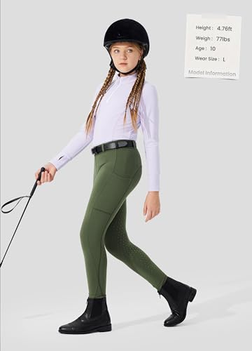Girls Fleece Horse Riding Breeches Thermal Tights Army Green