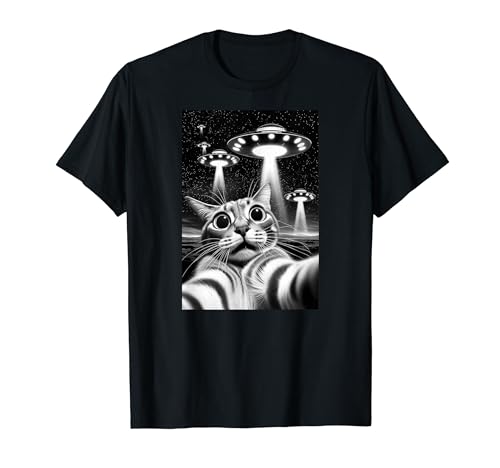 Funny Retro Alien Cat UFO Selfie T-Shirt