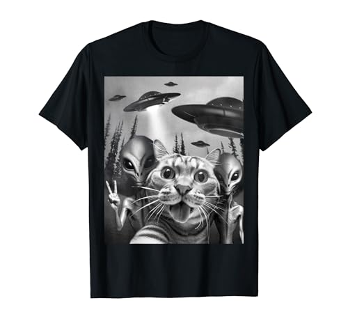Alien Cat UFO Invasion Peace Sign Tee