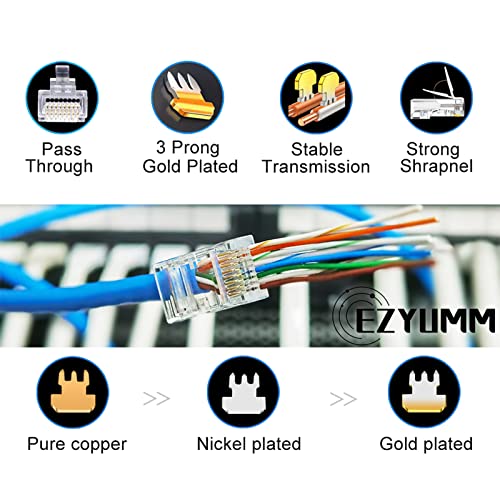 EZYUMM Cat6 Pass Through Connectors (50PCS) Gold Plated