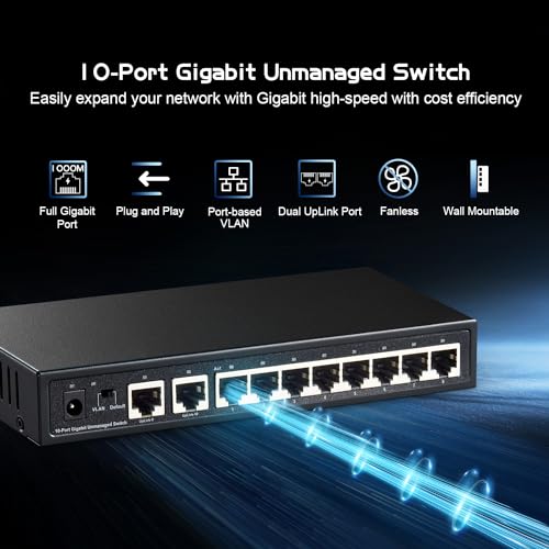 Binardat Gigabit Ethernet Switch with 10 Ports, VLAN Support