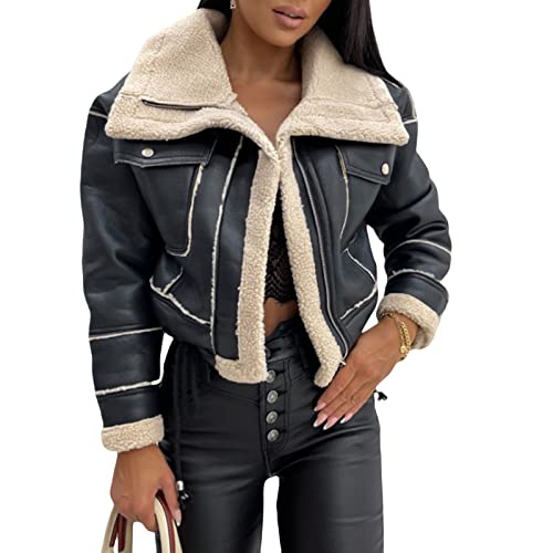 Black Sherpa-Lined Aviator Leather Biker Jacket