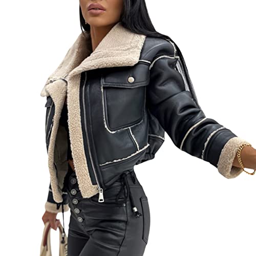 Black Sherpa-Lined Aviator Leather Biker Jacket