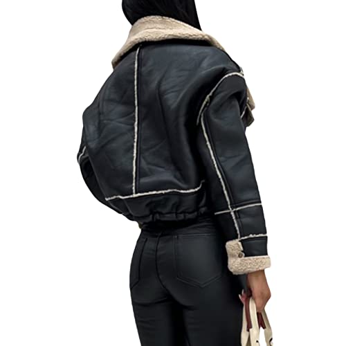 Black Sherpa-Lined Aviator Leather Biker Jacket