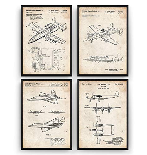 Aviation Blueprint Wall Art Set - 4 Military Aircraft Prints
