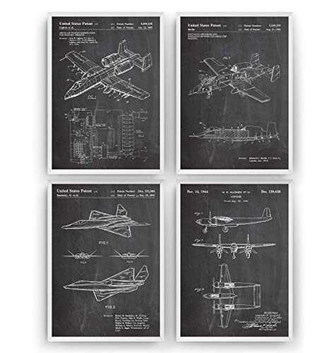 Aviation Blueprint Wall Art Set - 4 Military Aircraft Prints