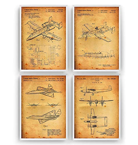 Aviation Blueprint Wall Art Set - 4 Military Aircraft Prints