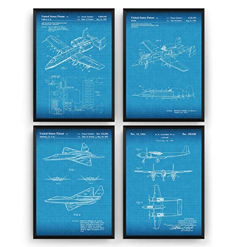 Aviation Blueprint Wall Art Set - 4 Military Aircraft Prints