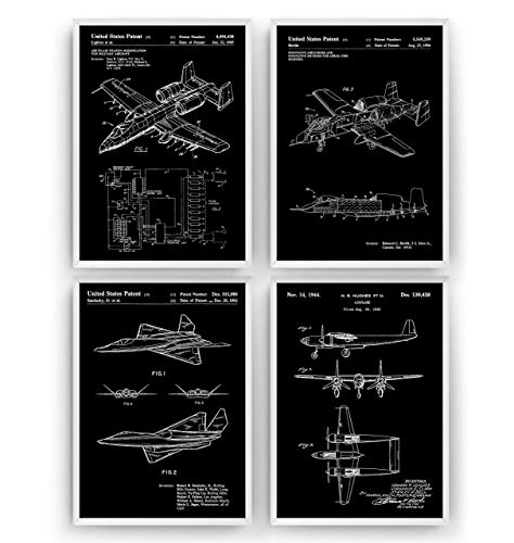 Aviation Blueprint Wall Art Set - 4 Military Aircraft Prints