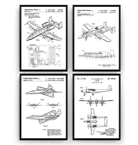 Aviation Blueprint Wall Art Set - 4 Military Aircraft Prints