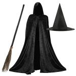 Womens Witch Costume Set - Black Velour Cape, Hat & Broom
