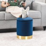 Velvet Ottoman Footrest with Gold Base - Blue