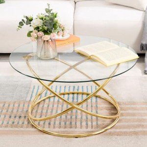 Gold-Plated Round Glass Coffee Table for Living Room