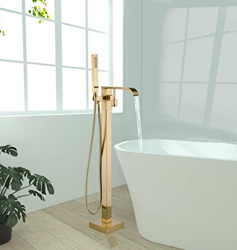 Brushed Gold Floor Mount Bathtub Faucet with Hand Shower