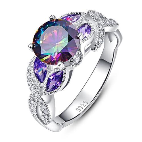 Yaresul 3.6ct Women's Round Created Rainbow Topaz Ring 925 Sterling Silver Engagement Rings for Women Bezel Setting Marquise Statement Womens Ring Size 6.5