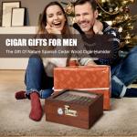 Tesonway Cigar Humidor, Cedar Wood Humidor Cigar Box, Glass Top Desktop Humidor with Front Hygrometer, Humidifier, Divider, Accessories Drawer and Combination Lock, Cigar Gifts for Men (Brown)