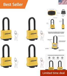 4 Pack Heavy Duty Weatherproof Padlocks, Keyed Alike