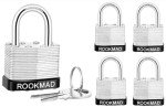 RookMad Keyed Padlocks, Laminated Steel Padlock, Keyed Alike Locks with Same Keys, PE Plastic Hoop, The Lead Content of This Pad Lock complies with CA65, 5 Pack