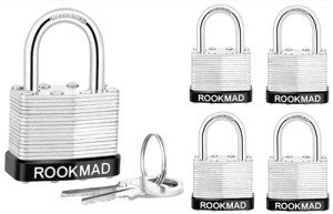 RookMad Keyed Padlocks, Laminated Steel Padlock, Keyed Alike Locks with Same Keys, PE Plastic Hoop, The Lead Content of This Pad Lock complies with CA65, 5 Pack
