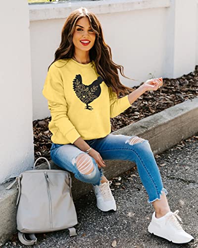 FASHGL Farm Sweatshirt Women Floral Chicken Pullover Funny Cute Graphic Tee Holiday Casual Tops Lightweight Blouse (Yellow, S)