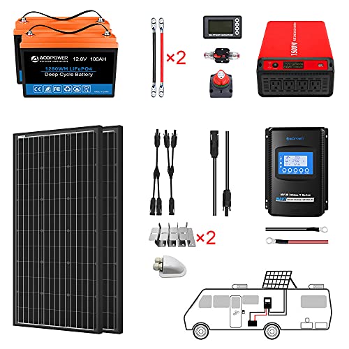 ACOPOWER 200W Monocrystalline Solar Panel Kit with Inverter and Battery Bank