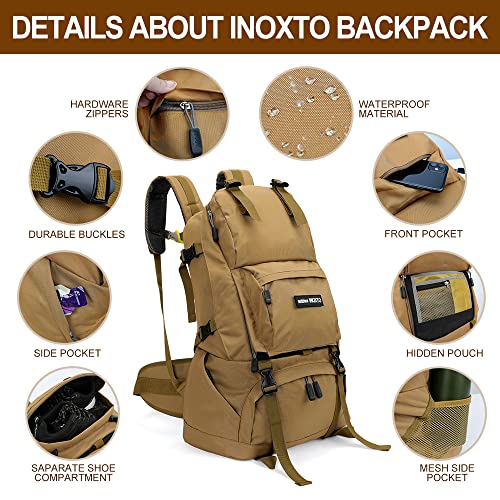 INOXTO 40L Waterproof Hiking Backpack, Khaki, Unisex
