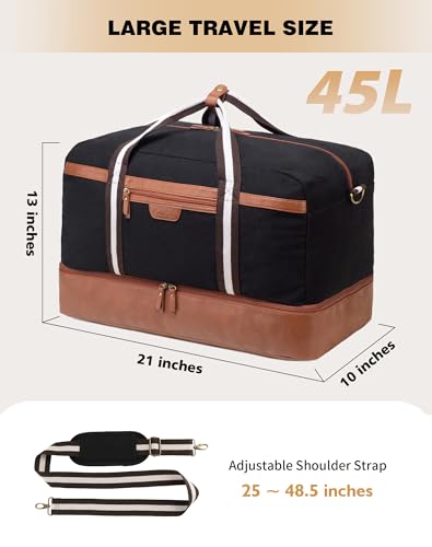 45L Canvas Duffle Bag with Shoe Compartment - Black