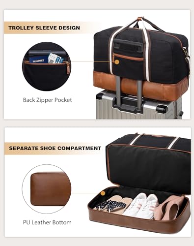 45L Canvas Duffle Bag with Shoe Compartment - Black