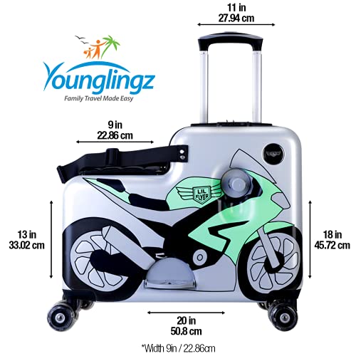 Lil Flyer 20" Kids Ride-On Suitcase (Green Motorcycle)