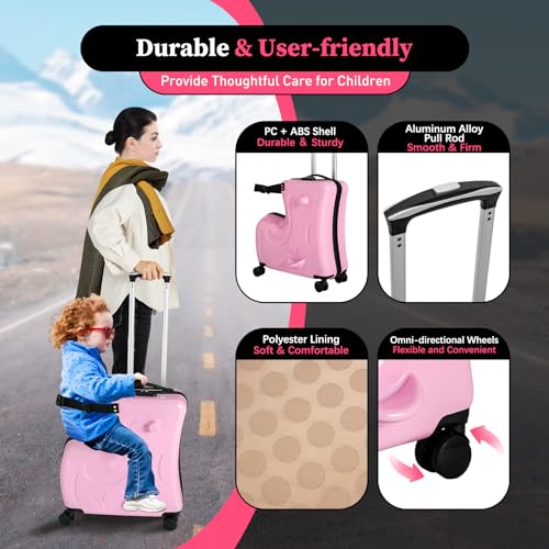 CNCEST Kid's Ride-on Travel Suitcase, Pink, Password Lock
